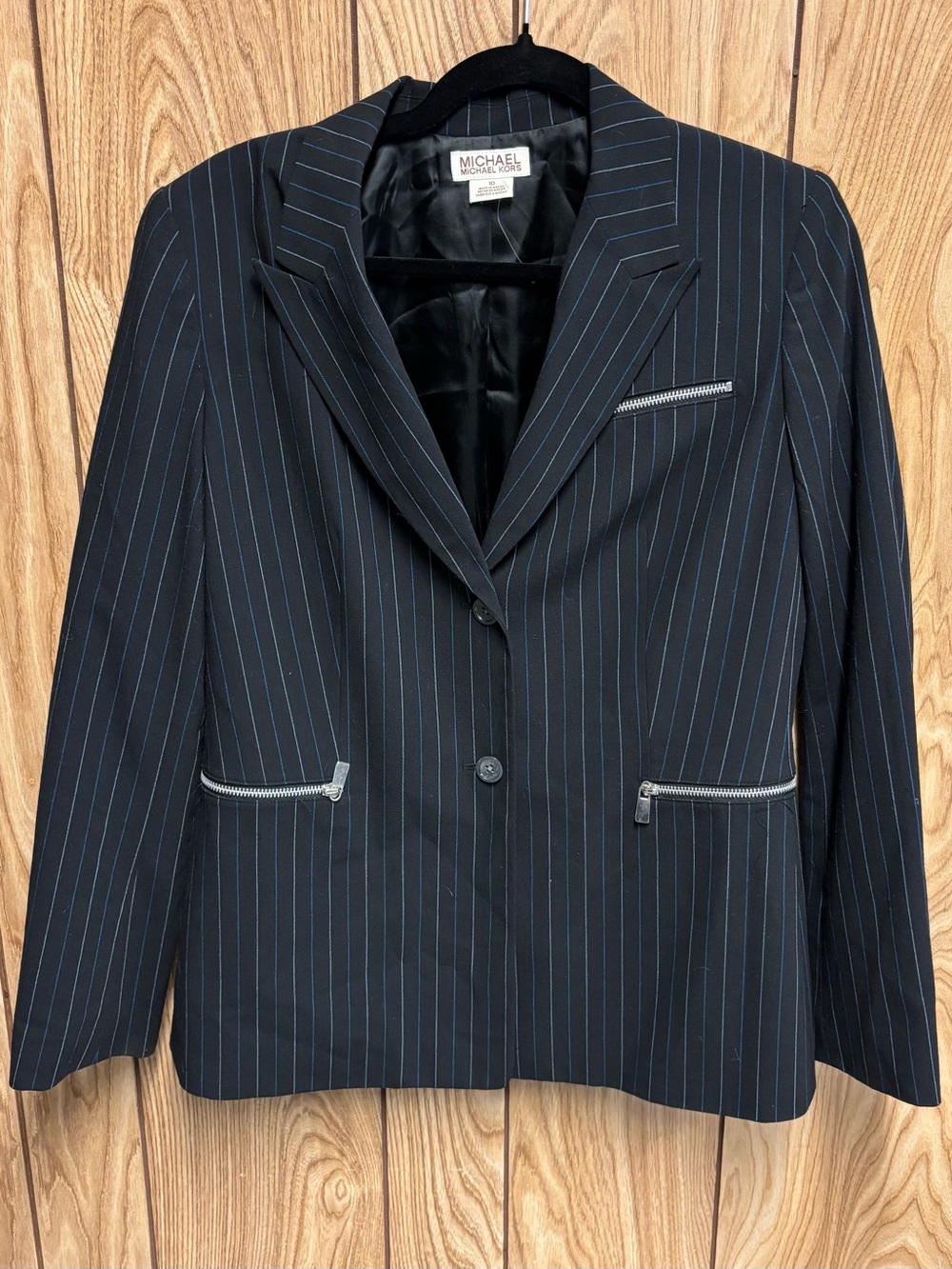 Michael Kors Navy Pinstripe Blazer with Silver Zip Accents